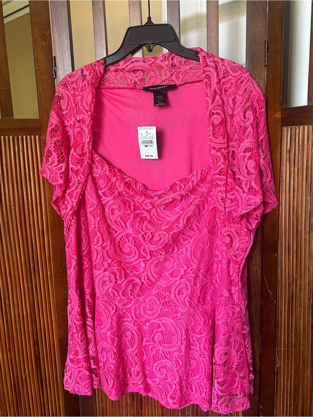 Ashley, Stewart Plus size Pink Lace Overlay Short Sleeve Tunic